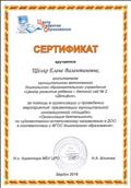 2016г.
СЕРТИФИКАТ
Муниципальное казенное учреждение «Центр развития образования»
за помощь в организации и проведении мероприятия: презентации муниципальной инновационной площадки "Организация деятельности по художественно- эстетическому направлению в ДОО в соответствии с ФГОС дошкольного образования" 2016г.
СЕРТИФИКАТ
Муниципальное казенное учреждение «Центр развития образования»
за помощь в организации и проведении мероприятия: презентации муниципальной инновационной площадки "Организация деятельности по художественно- эстетическому направлению в ДОО в соответствии с ФГОС дошкольного образования"